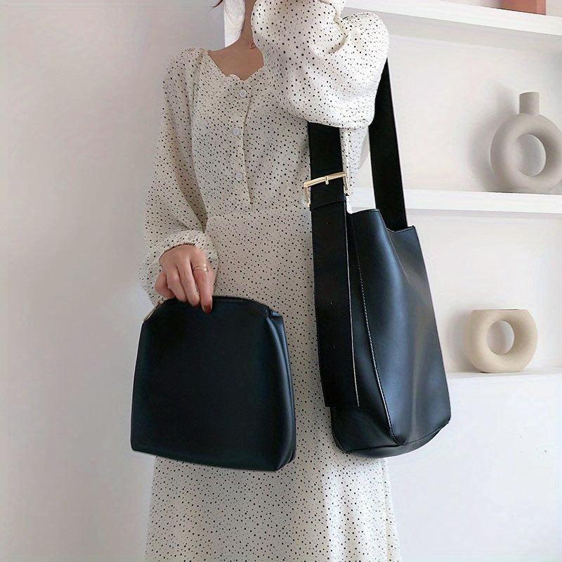 Solid Shoulder Bag 2pcs Bucket Handbag Set PU Leather Crossbody Bag