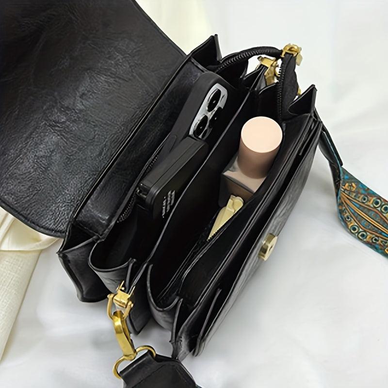 Vintage Square Shoulder Bag with Retro Pattern Strap