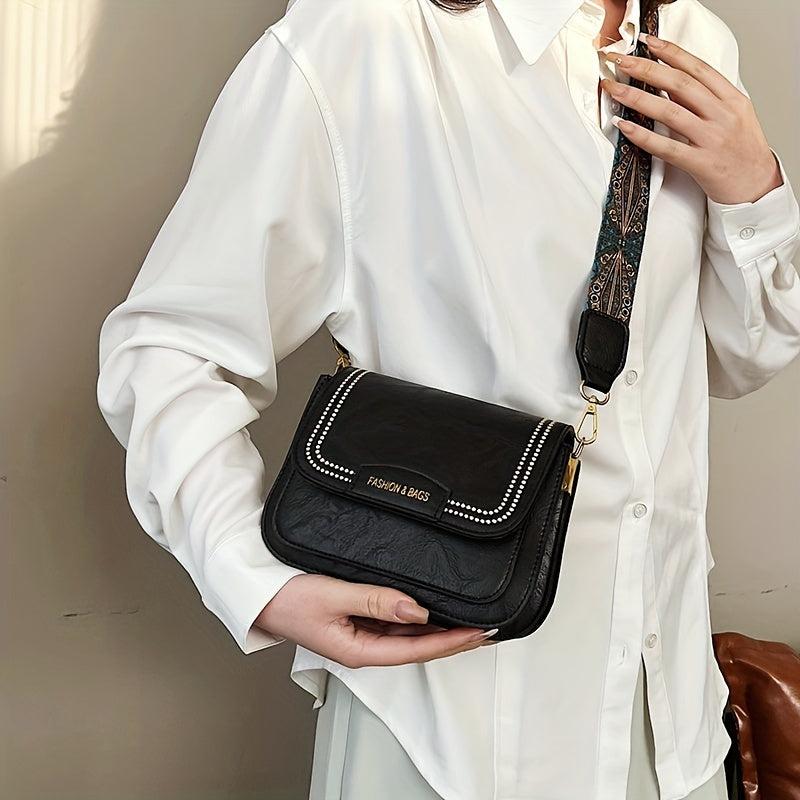 Vintage Square Shoulder Bag with Retro Pattern Strap
