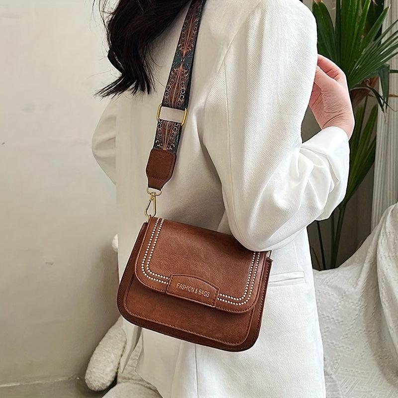Vintage Square Shoulder Bag with Retro Pattern Strap