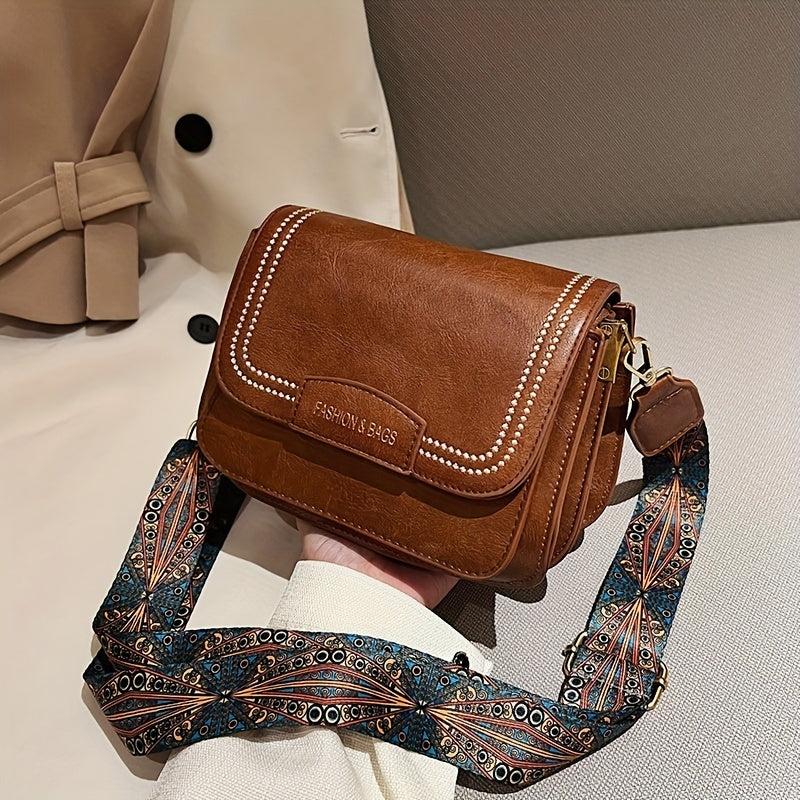 Vintage Square Shoulder Bag with Retro Pattern Strap