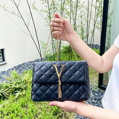 Quilted Tassel Metal Chain Crossbody Bag