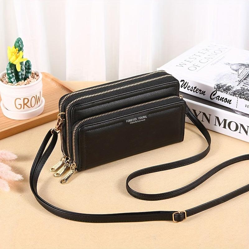 Minimalist Crossbody Bag PU Leather Double Zipper Shoulder Bag