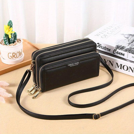 Minimalist Crossbody Bag PU Leather Double Zipper Shoulder Bag