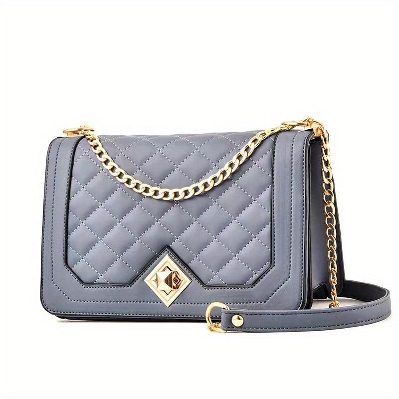 Quilted Chain Crossbody Bag Turn Lock Shoulder Bag Women's Square Purse