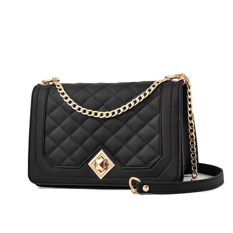 Quilted Chain Crossbody Bag Turn Lock Shoulder Bag Women's Square Purse