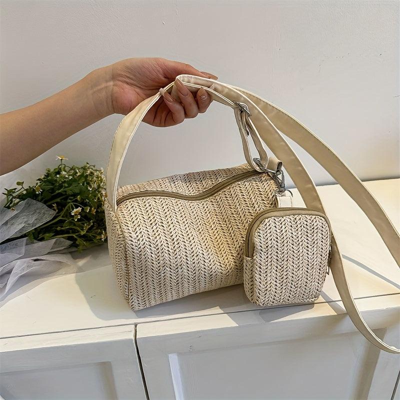 Mini Straw Beach Cylinder Bag Solid Casual Woven Crossbody Bag