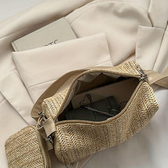 Mini Straw Beach Cylinder Bag Solid Casual Woven Crossbody Bag