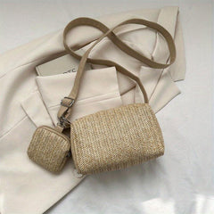 Mini Straw Beach Cylinder Bag Solid Casual Woven Crossbody Bag
