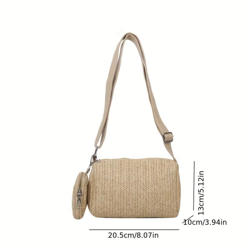 Mini Straw Beach Cylinder Bag Solid Casual Woven Crossbody Bag