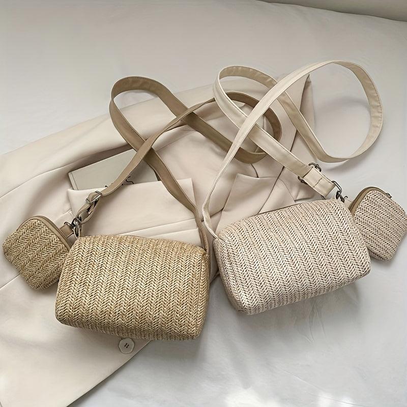 Mini Straw Beach Cylinder Bag Solid Casual Woven Crossbody Bag