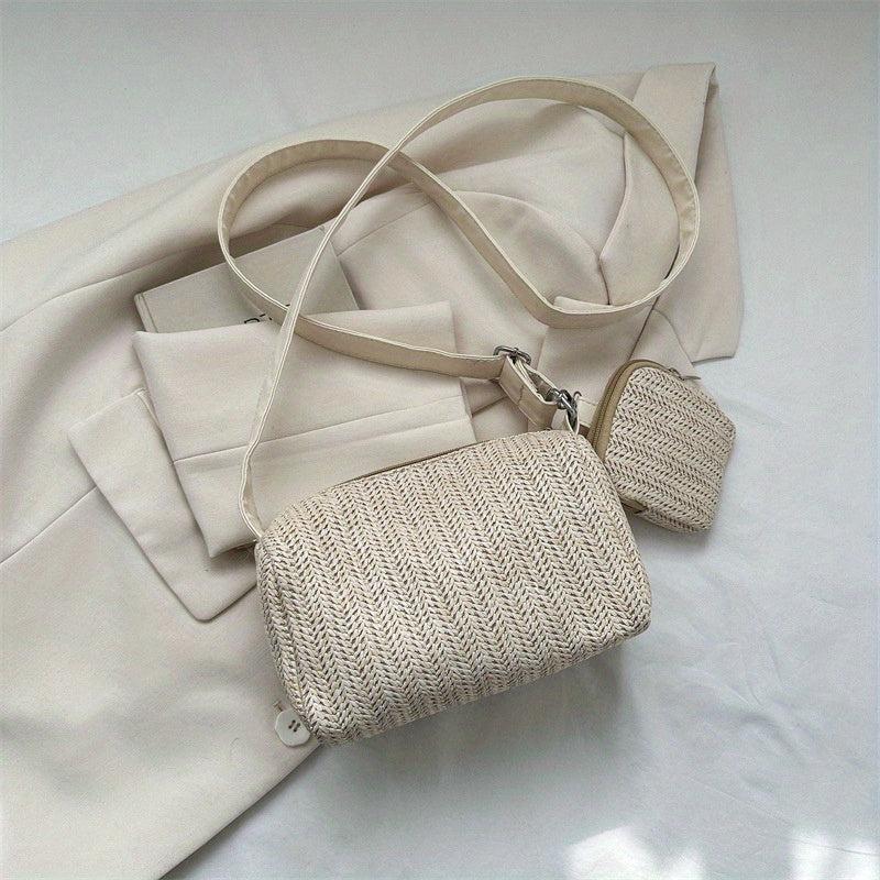 Mini Straw Beach Cylinder Bag Solid Casual Woven Crossbody Bag