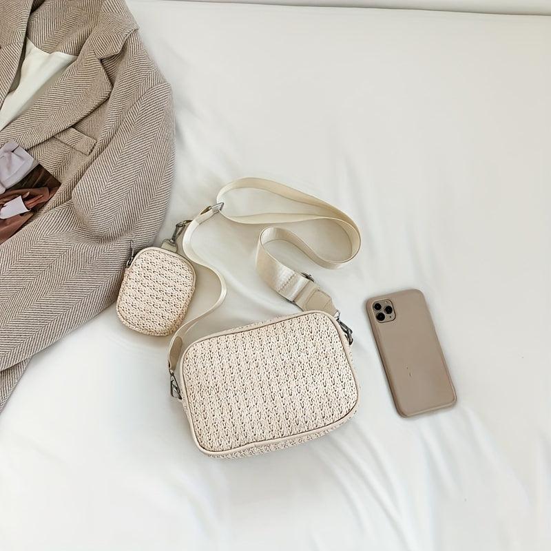 2Pcs Straw Woven Bag Set Crossbody with Coin Purses Boho Style