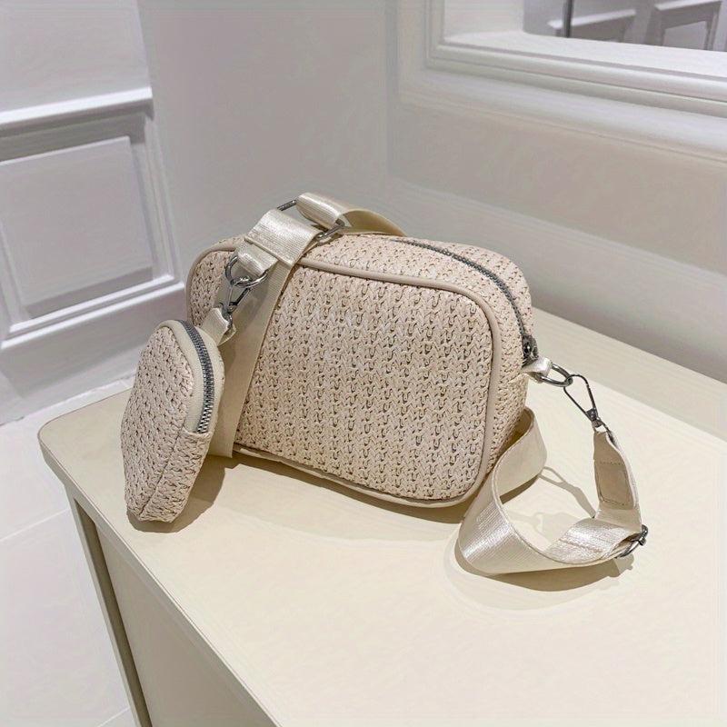 2Pcs Straw Woven Bag Set Crossbody with Coin Purses Boho Style