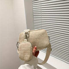 2Pcs Straw Woven Bag Set Crossbody with Coin Purses Boho Style