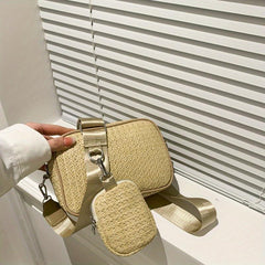 2Pcs Straw Woven Bag Set Crossbody with Coin Purses Boho Style
