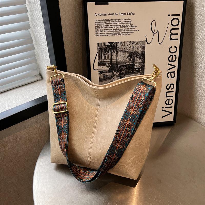 Vintage Ethnic Crossbody Bag Large Bucket PU Leather Shoulder Bag