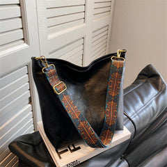 Vintage Ethnic Crossbody Bag Large Bucket PU Leather Shoulder Bag