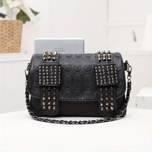 Gothic Chain Crossbody Bag Skull & Studded Decor Shoulder Bag Vintage Flap Purse