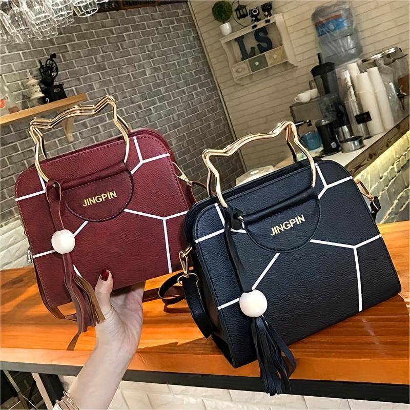 Geometric Pattern Cat Handle Satchel Purse Crossbody Bag