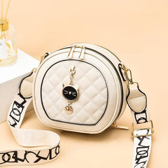 Argyle Quilted Round Bag Cat Decor Crossbody Bag Women's PU Leather Circle Purse