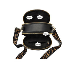 Argyle Quilted Round Bag Cat Decor Crossbody Bag Women's PU Leather Circle Purse