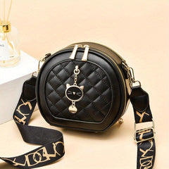 Argyle Quilted Round Bag Cat Decor Crossbody Bag Women's PU Leather Circle Purse