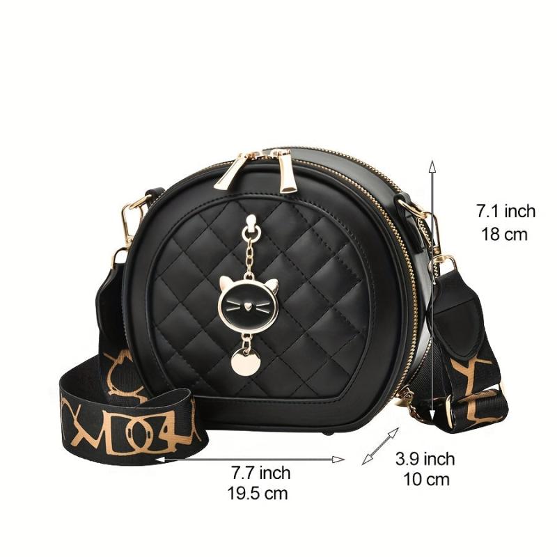 Argyle Quilted Round Bag Cat Decor Crossbody Bag Women's PU Leather Circle Purse