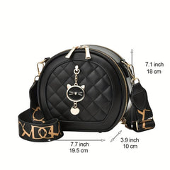Argyle Quilted Round Bag Cat Decor Crossbody Bag Women's PU Leather Circle Purse