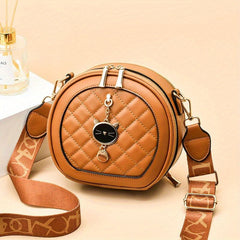 Argyle Quilted Round Bag Cat Decor Crossbody Bag Women's PU Leather Circle Purse