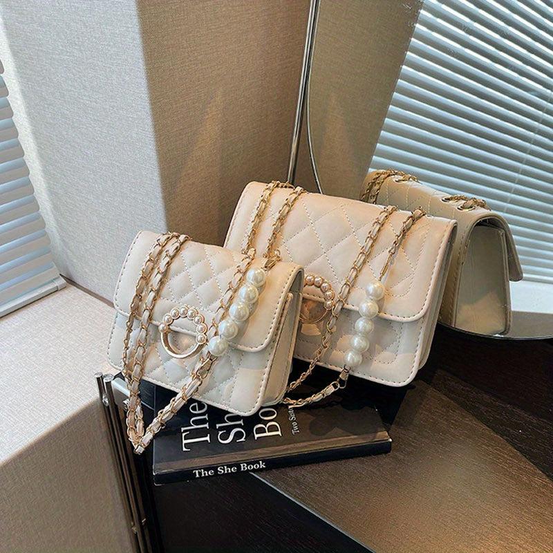 Quilted Flap Shoulder Bag Crossbody Purse Pearl Square Handbag