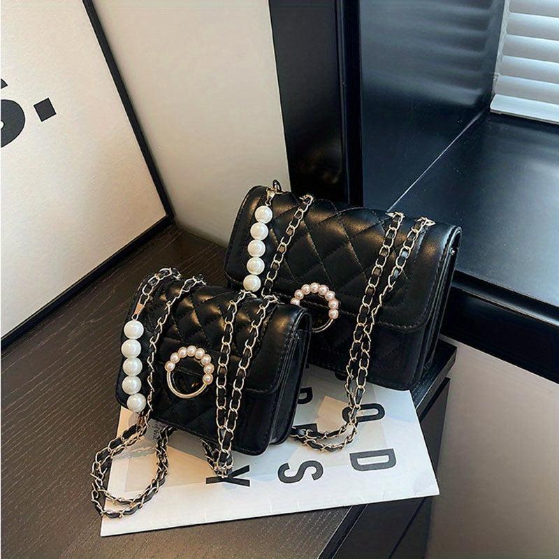 Quilted Flap Shoulder Bag Crossbody Purse Pearl Square Handbag