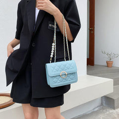Quilted Flap Shoulder Bag Crossbody Purse Pearl Square Handbag