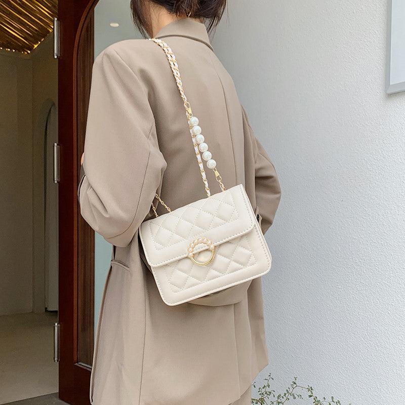 Quilted Flap Shoulder Bag Crossbody Purse Pearl Square Handbag