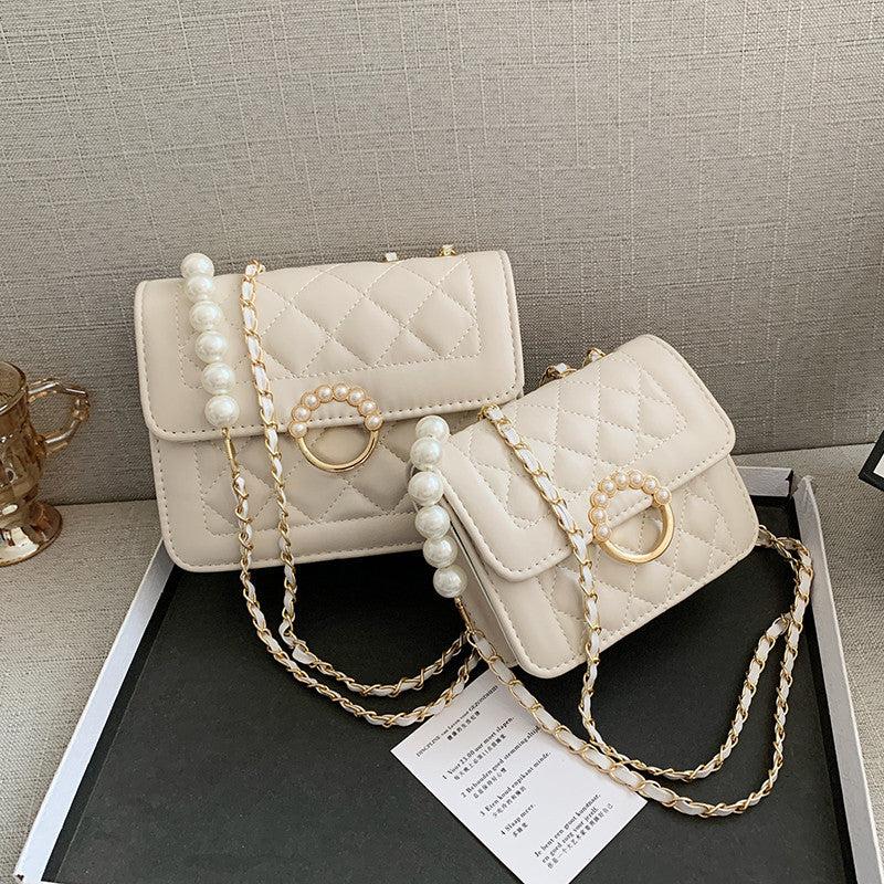 Quilted Flap Shoulder Bag Crossbody Purse Pearl Square Handbag