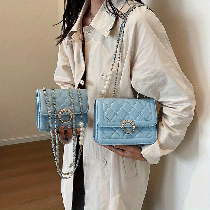 Quilted Flap Shoulder Bag Crossbody Purse Pearl Square Handbag