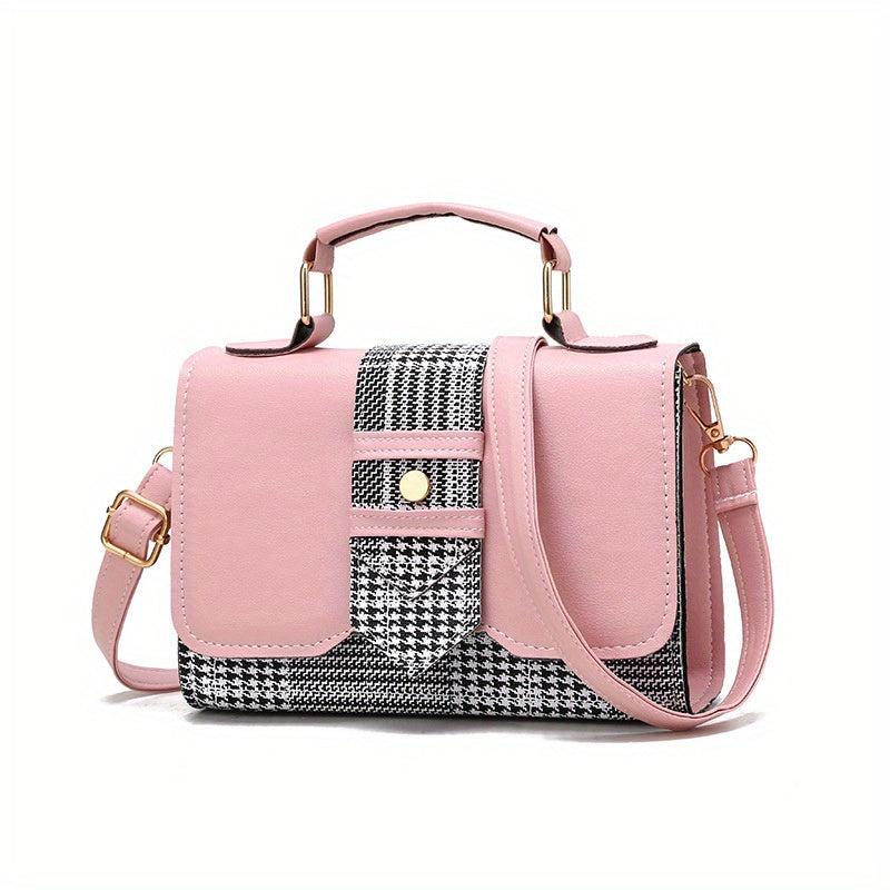Houndstooth Pattern Crossbody Bag Buckle Decor Small Handbags