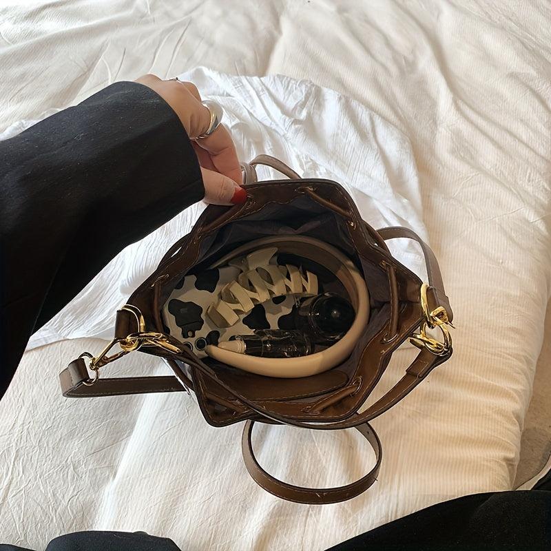 Cow Print Canvas Bucket Bag Drawstring Crossbody Bag