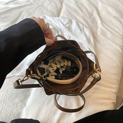 Cow Print Canvas Bucket Bag Drawstring Crossbody Bag