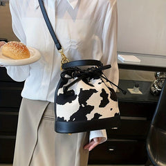 Cow Print Canvas Bucket Bag Drawstring Crossbody Bag