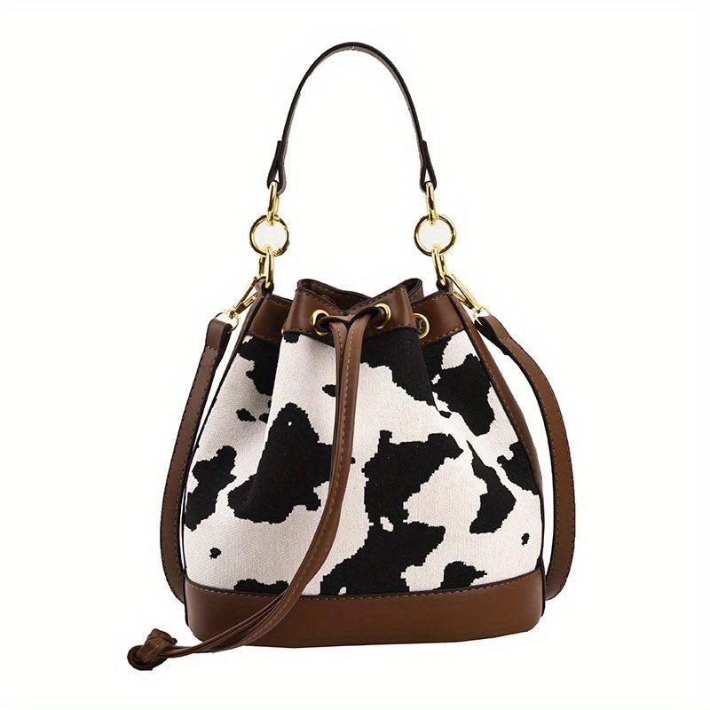 Cow Print Canvas Bucket Bag Drawstring Crossbody Bag