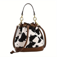 Cow Print Canvas Bucket Bag Drawstring Crossbody Bag