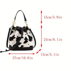 Cow Print Canvas Bucket Bag Drawstring Crossbody Bag