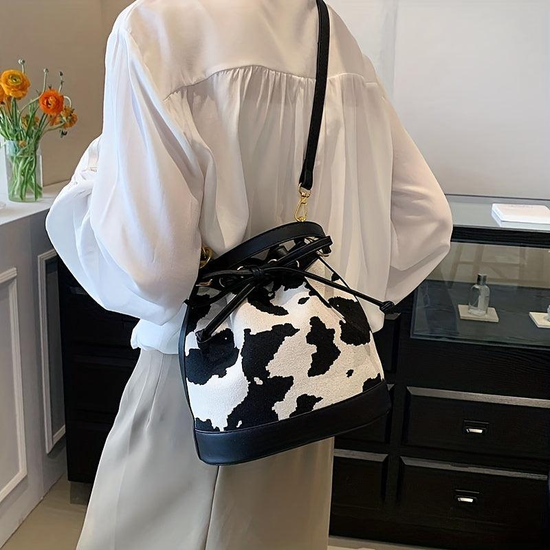 Cow Print Canvas Bucket Bag Drawstring Crossbody Bag