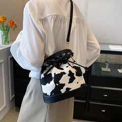 Cow Print Canvas Bucket Bag Drawstring Crossbody Bag