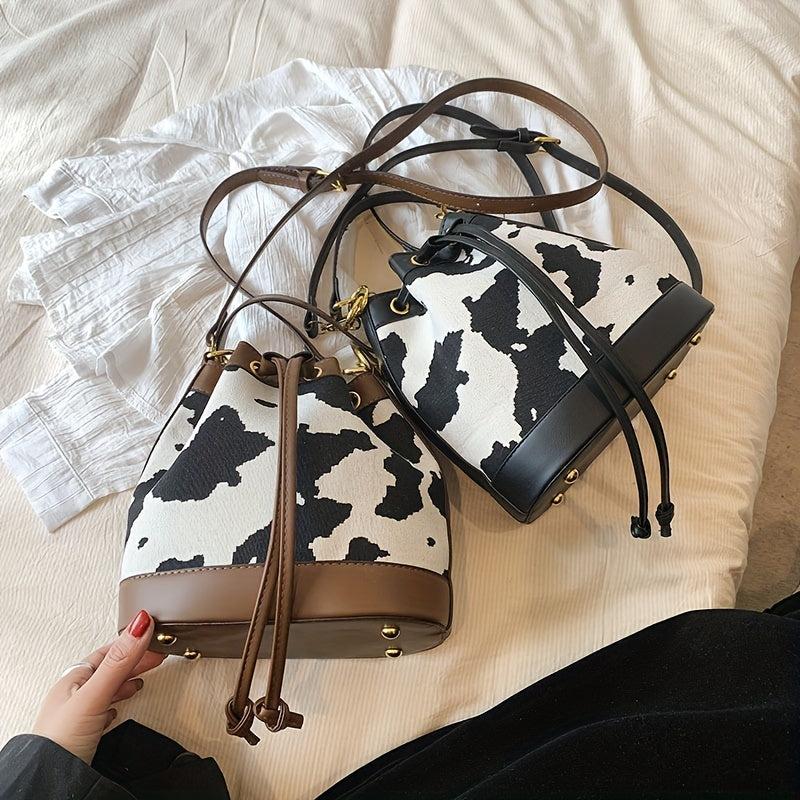 Cow Print Canvas Bucket Bag Drawstring Crossbody Bag