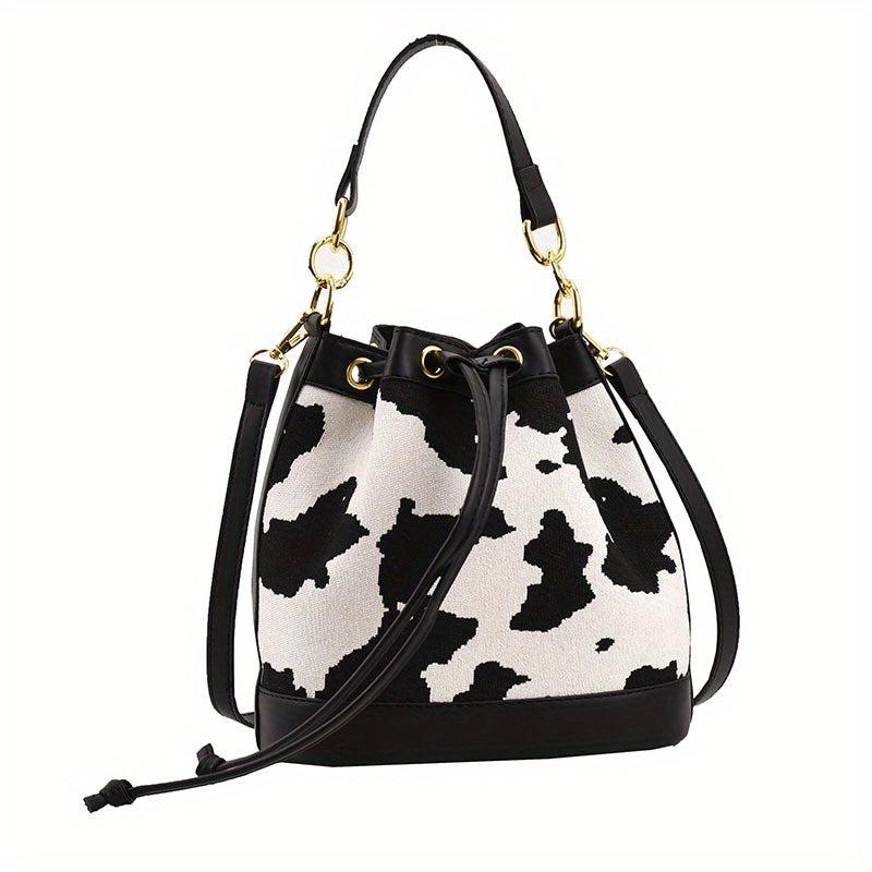 Cow Print Canvas Bucket Bag Drawstring Crossbody Bag
