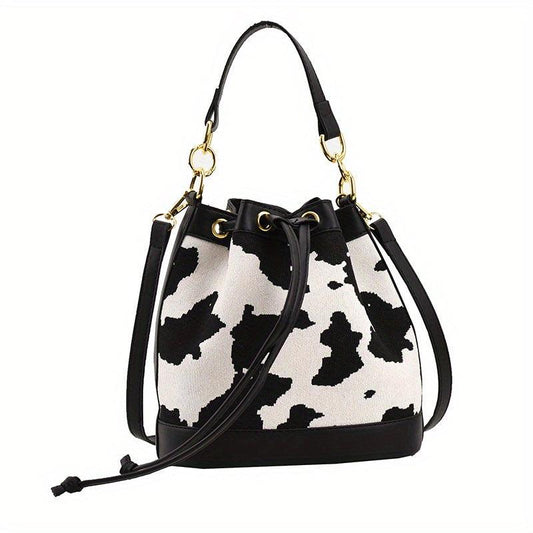Cow Print Canvas Bucket Bag Drawstring Crossbody Bag