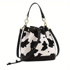 Cow Print Canvas Bucket Bag Drawstring Crossbody Bag