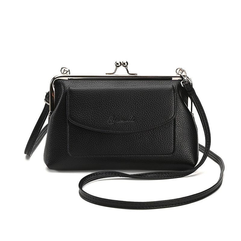 Faux Leather Crossbody Clutch Purse with Kiss Lock Closure